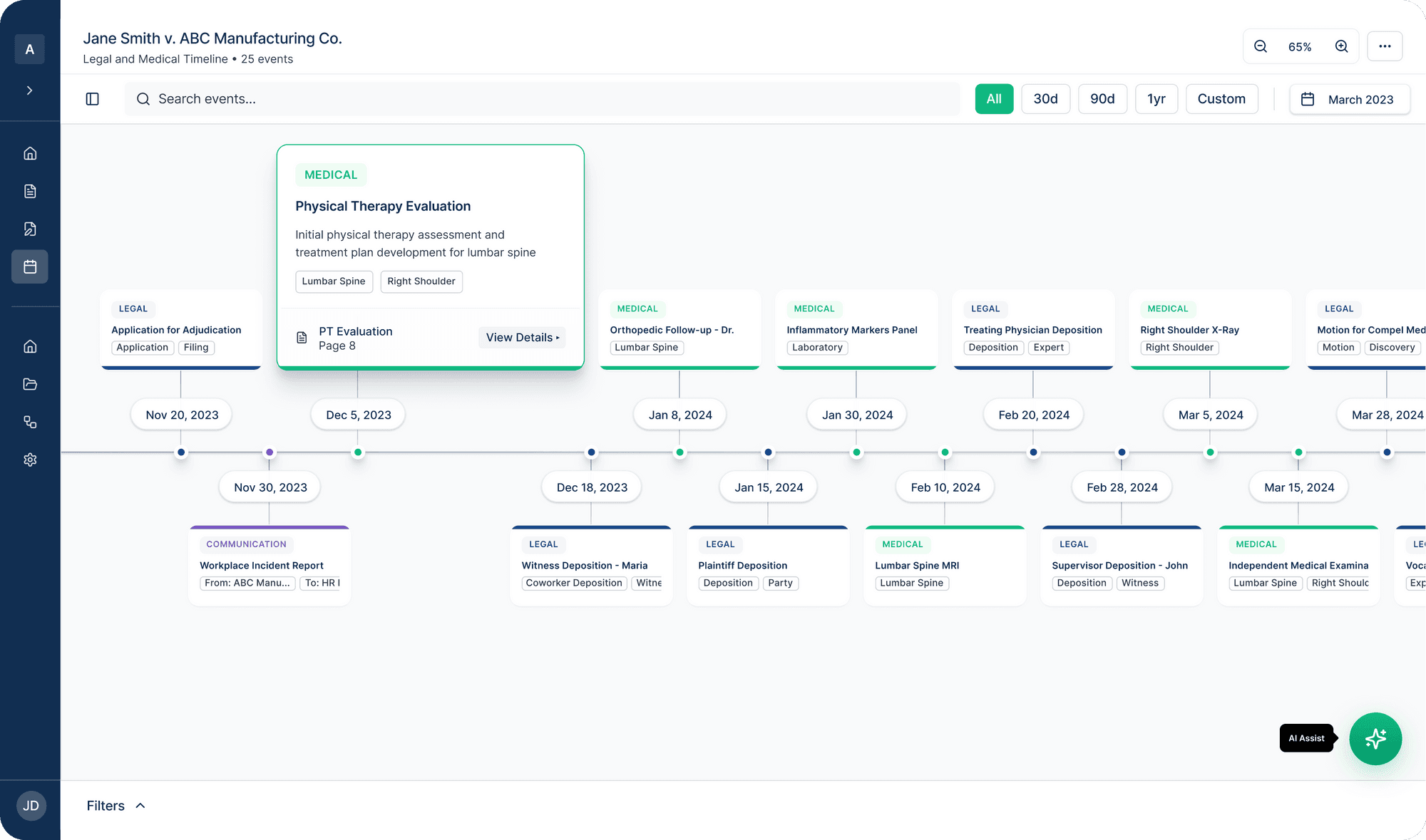 Adjudica case timeline, legal and medical events on a single view