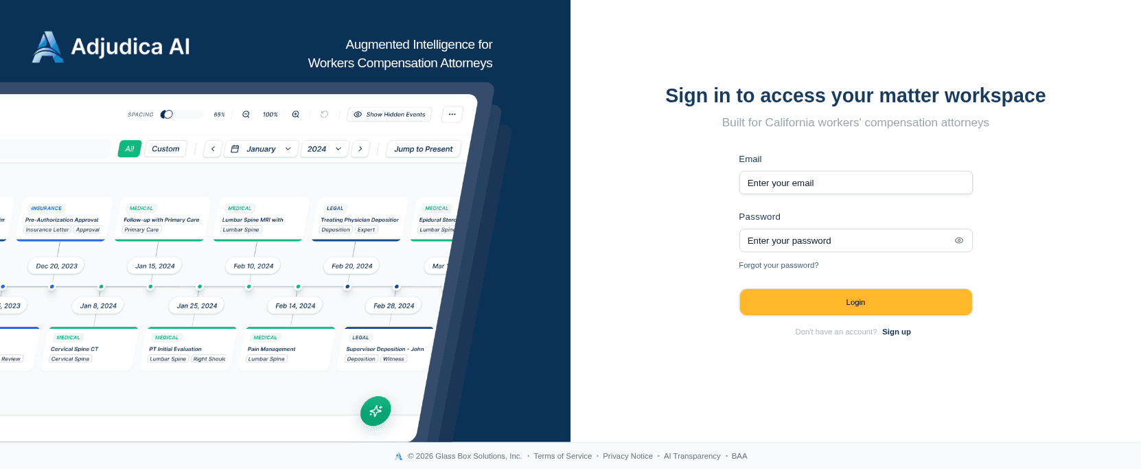 The Adjudica sign-in screen