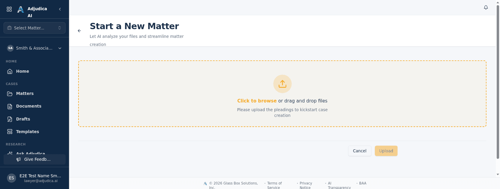 Creating a matter by uploading pleadings
