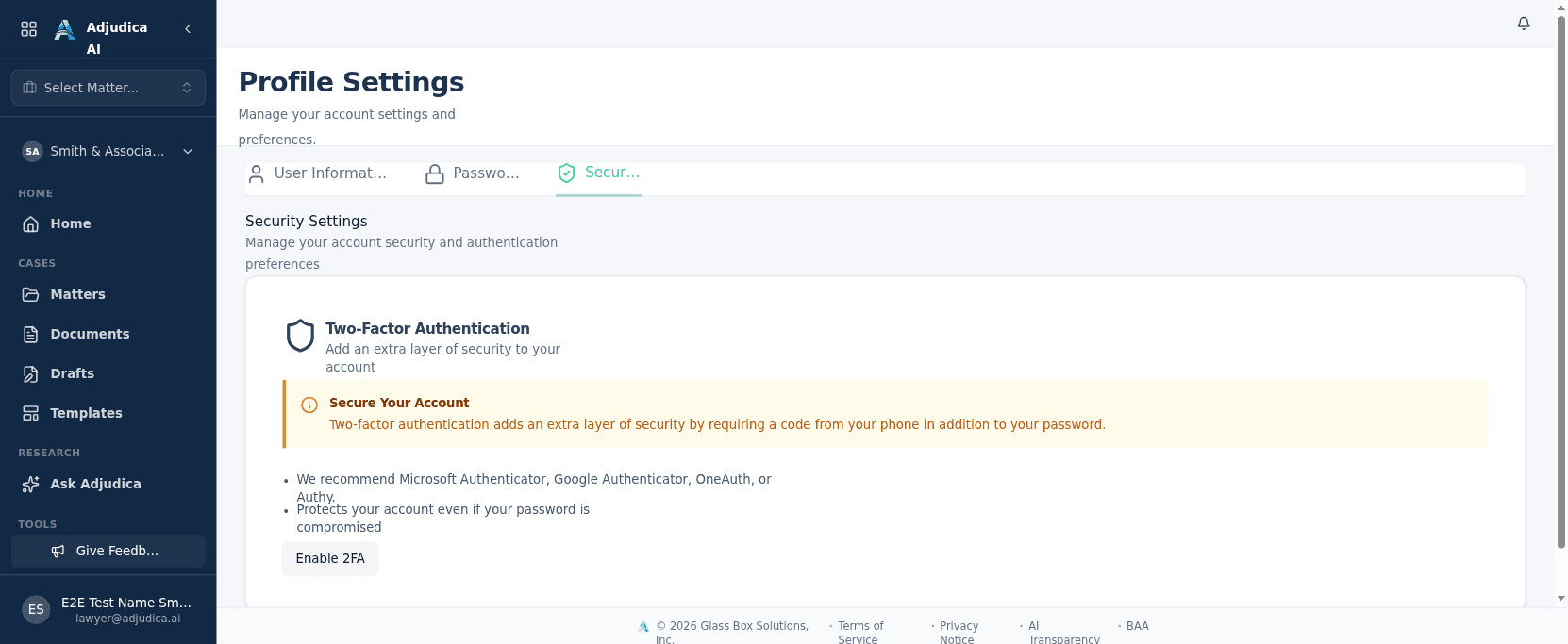 Security and two-factor settings